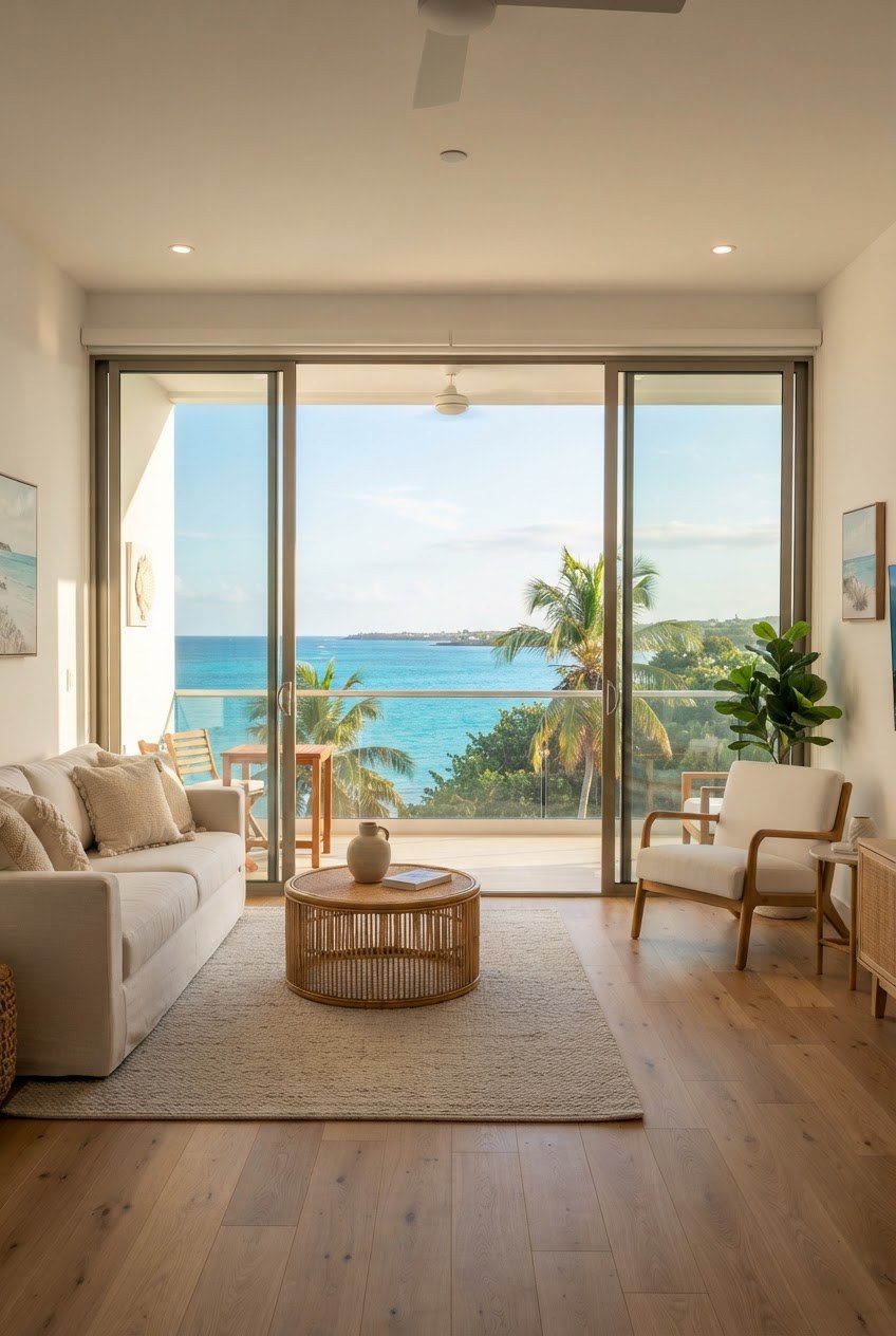 Bright coastal living room overlooking the turquoise sea, AI-generated representative image, not Erika's own home or listing