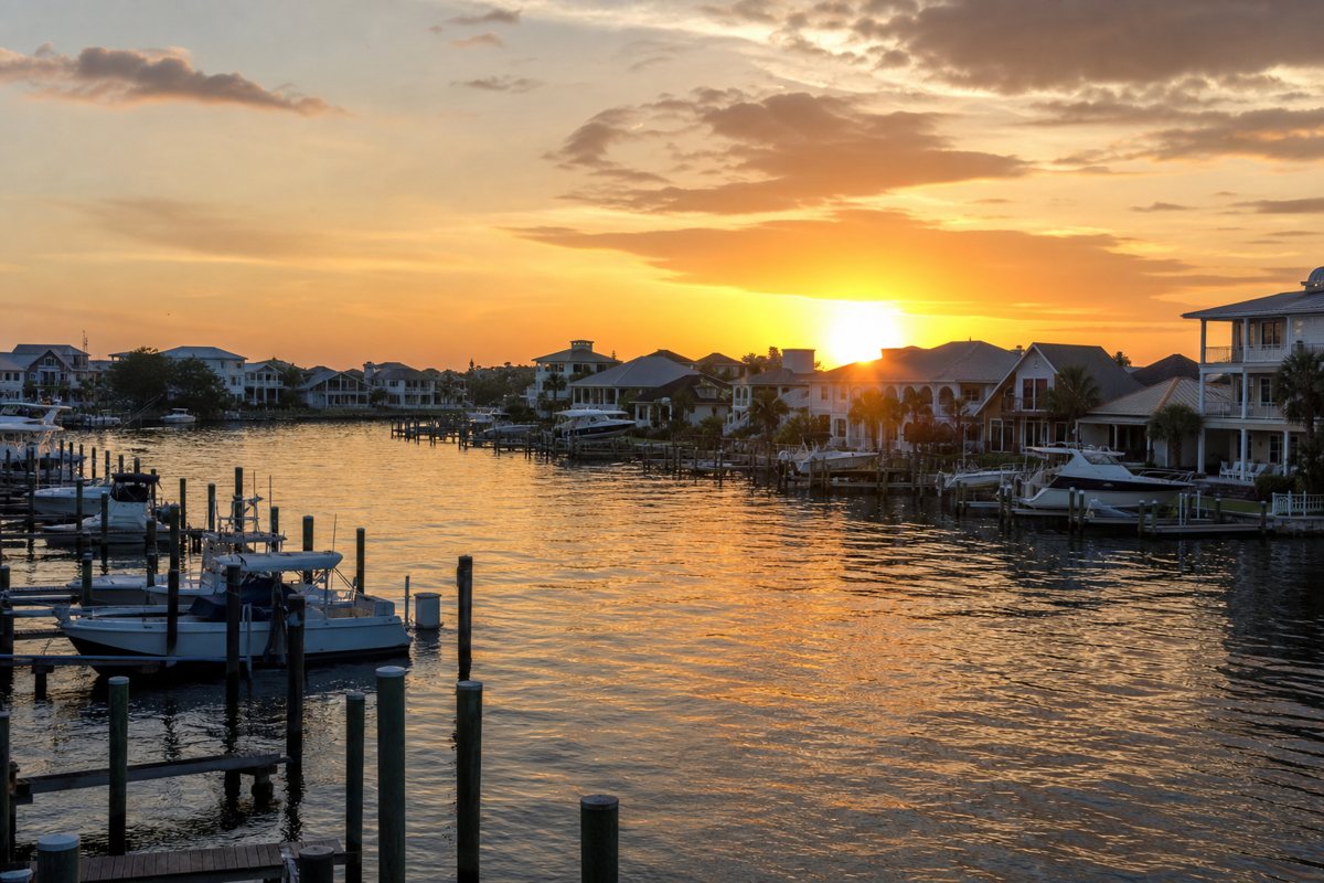 Waterfront homes and marina near Orange Beach, Alabama, AI-generated representative image