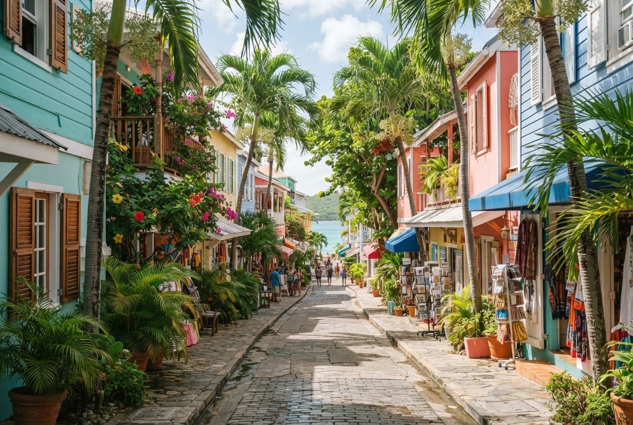 Colorful pedestrian street lined with palm trees in Playa del Carmen, AI-generated representative image