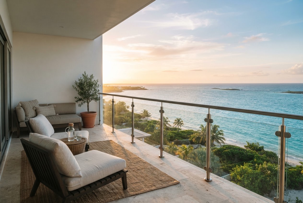 Modern villa balcony overlooking a turquoise Caribbean sea at golden hour, AI-generated representative image