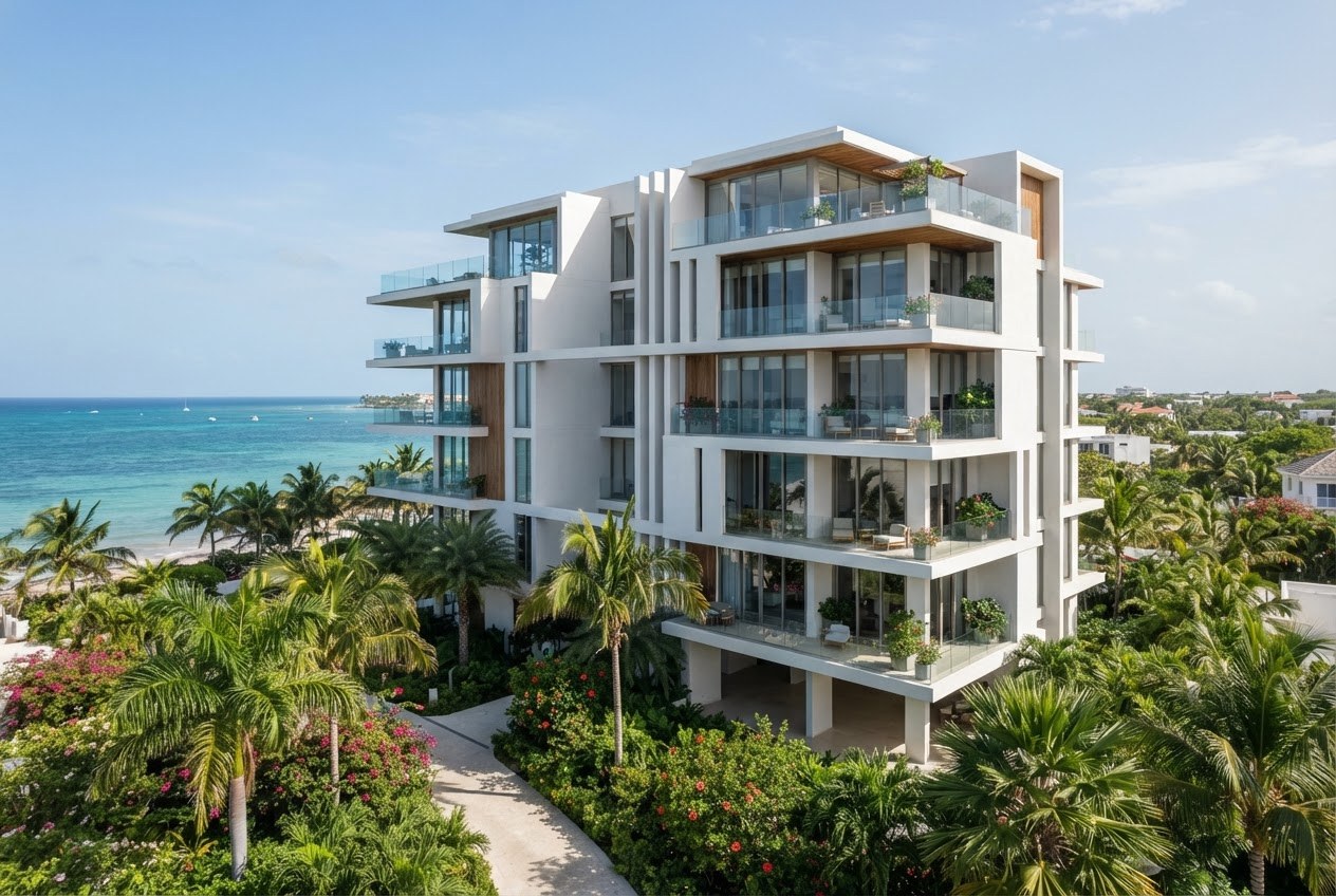 Modern white condominium building on a tropical coastline, AI-generated representative image