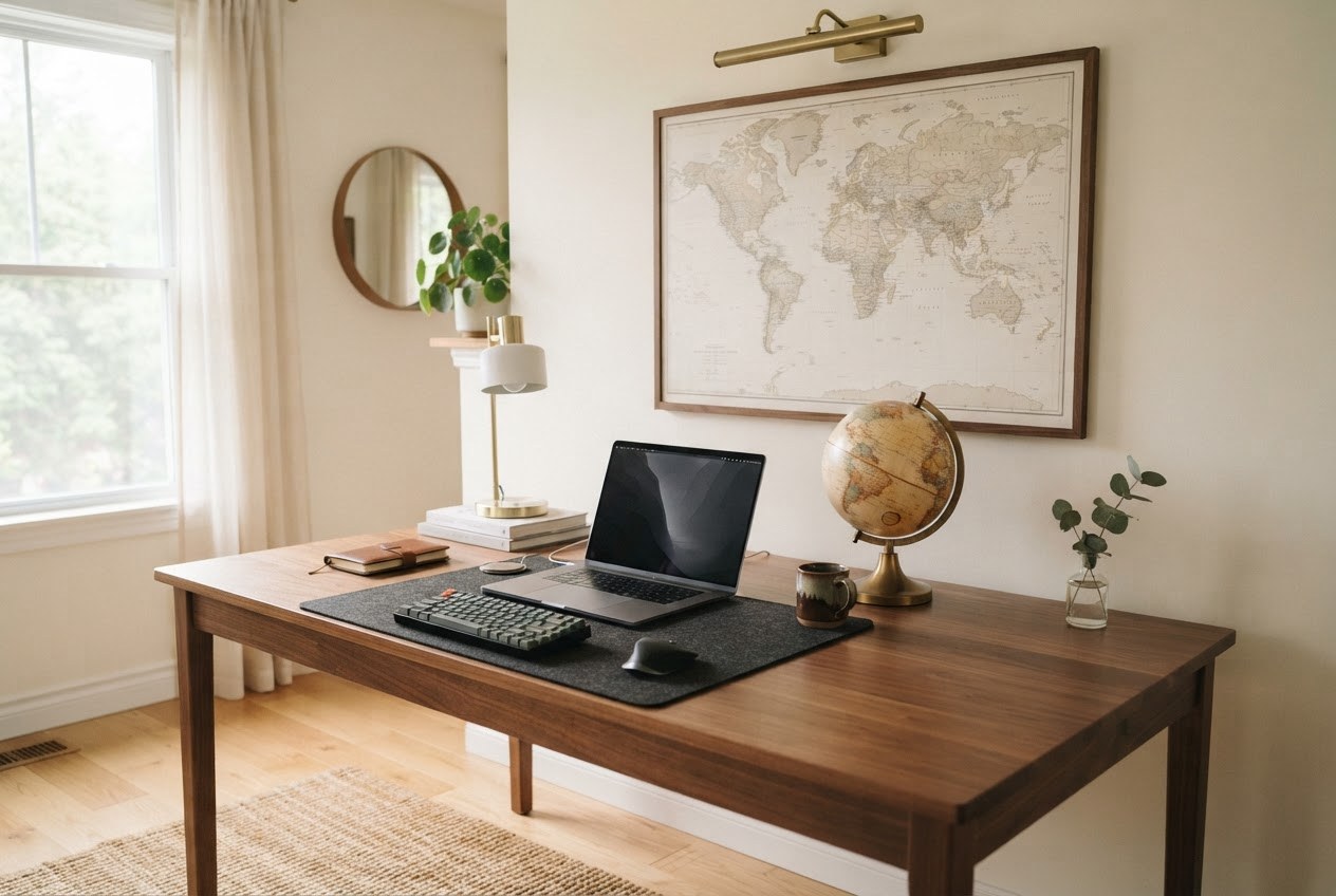Modern home office desk with a world map and globe, AI-generated representative image
