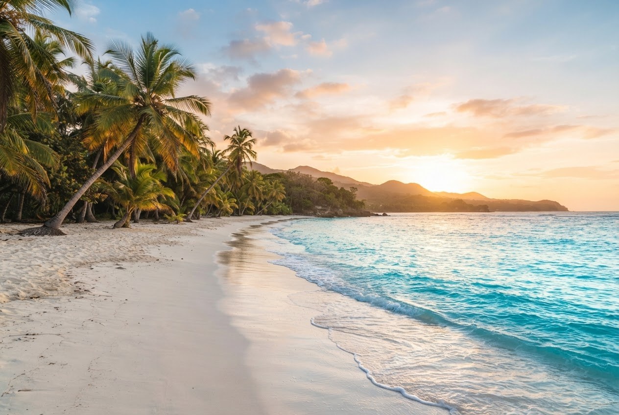 White sand Caribbean beach with turquoise water and palm trees, AI-generated representative image