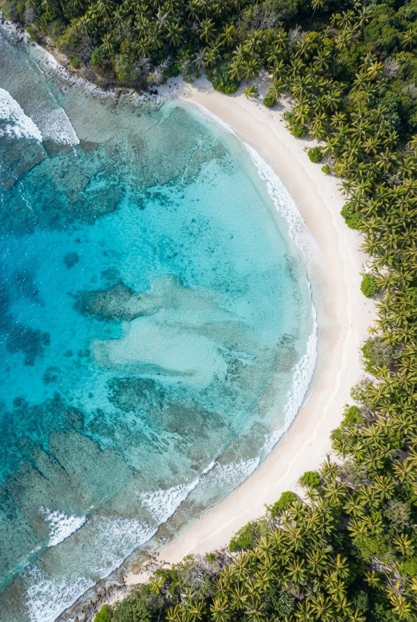 Aerial view of a turquoise lagoon meeting a white sand beach, AI-generated representative image