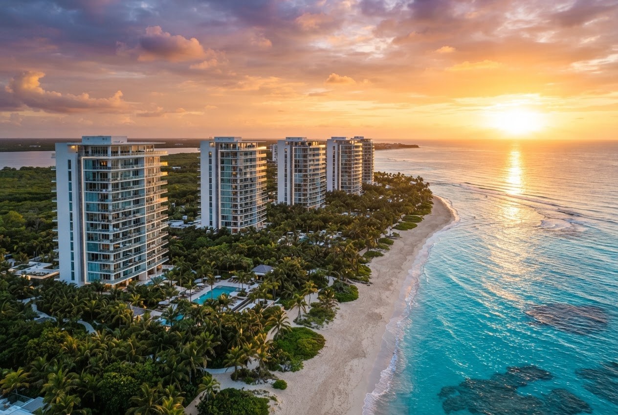 Oceanfront condominium towers along a turquoise Caribbean coastline at sunset, AI-generated representative image of the Riviera Maya