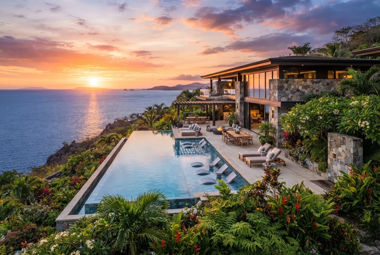 Luxury villa with an infinity pool overlooking the ocean at sunset, AI-generated representative image